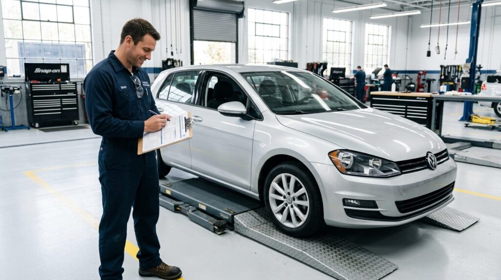 Professional automotive inspection scene showing a technicia
