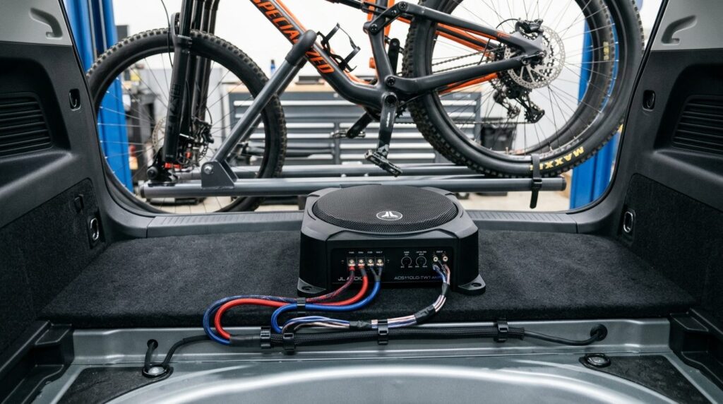 Close-up detail shot of an active subwoofer installation in 