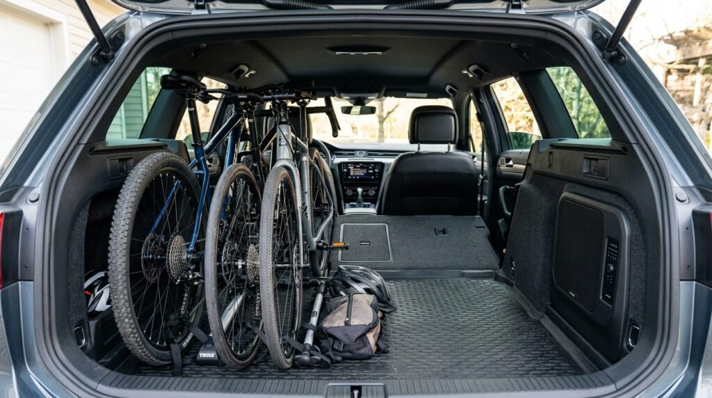 Wide angle view of a car interior from rear hatch showing or