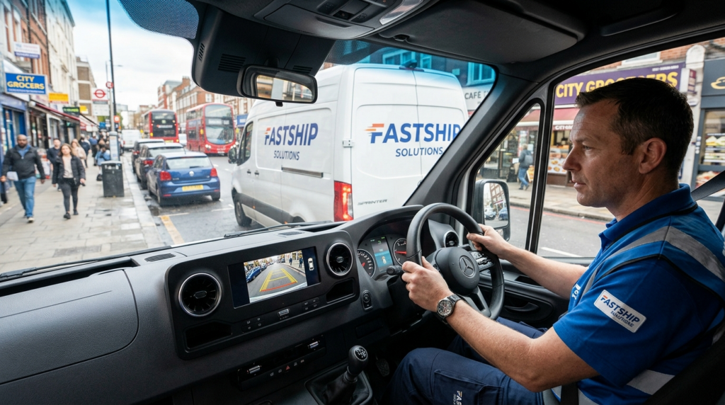 Professional photograph of a delivery van driver in a busy c