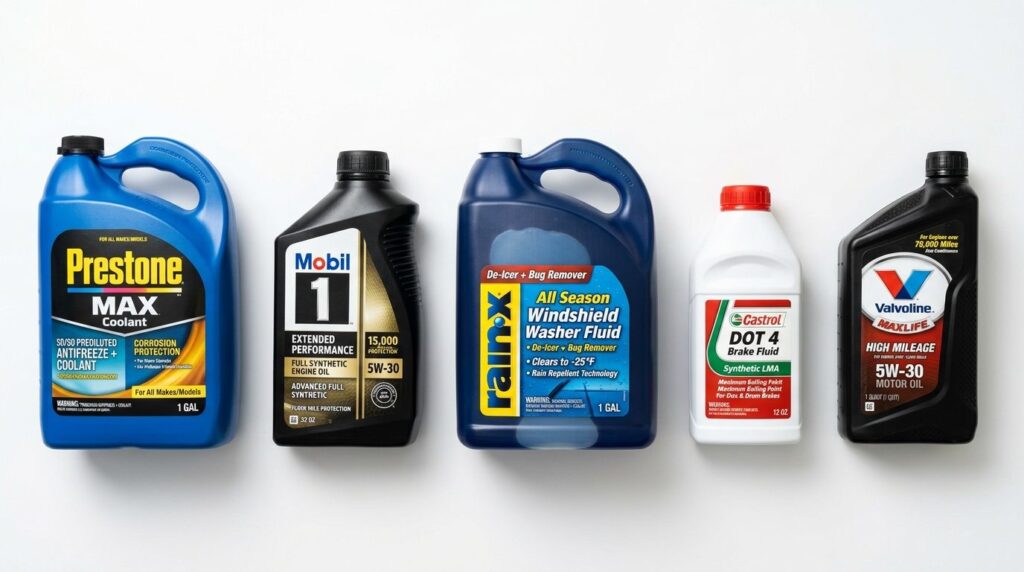 Detailed flat lay of essential car maintenance chemical bott