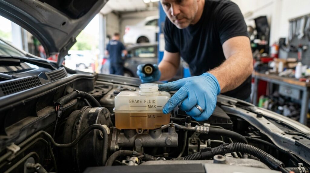 Close-up of car owners hands checking brake fluid level in