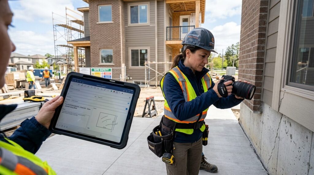 Expert building inspector using digital tablet and camera to