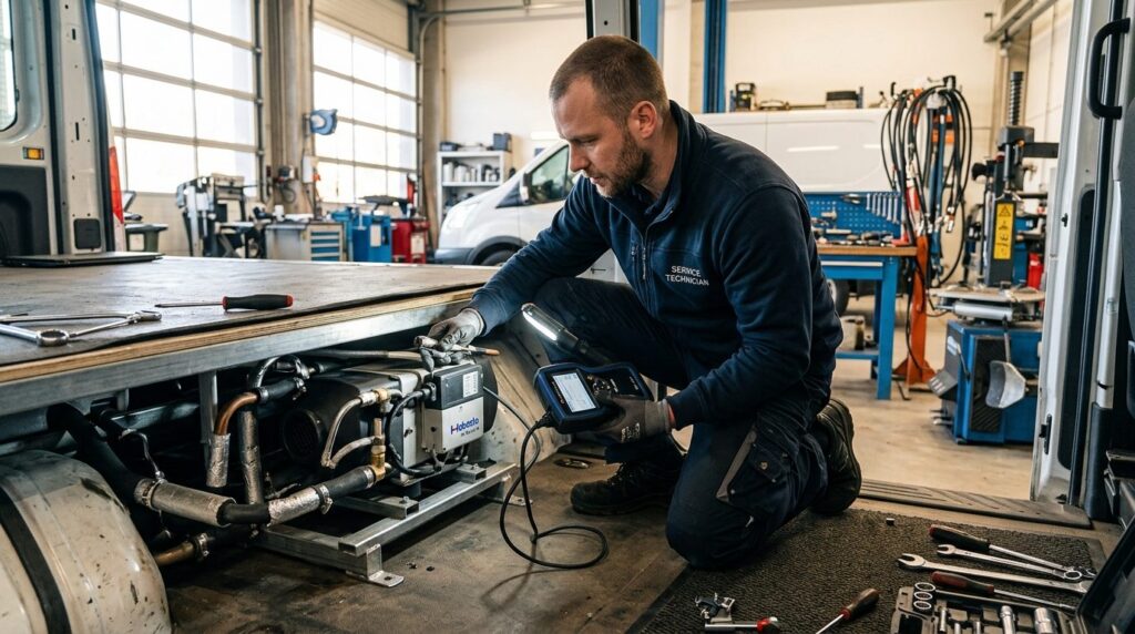 Maintenance technician inspecting a diesel parking heater sy