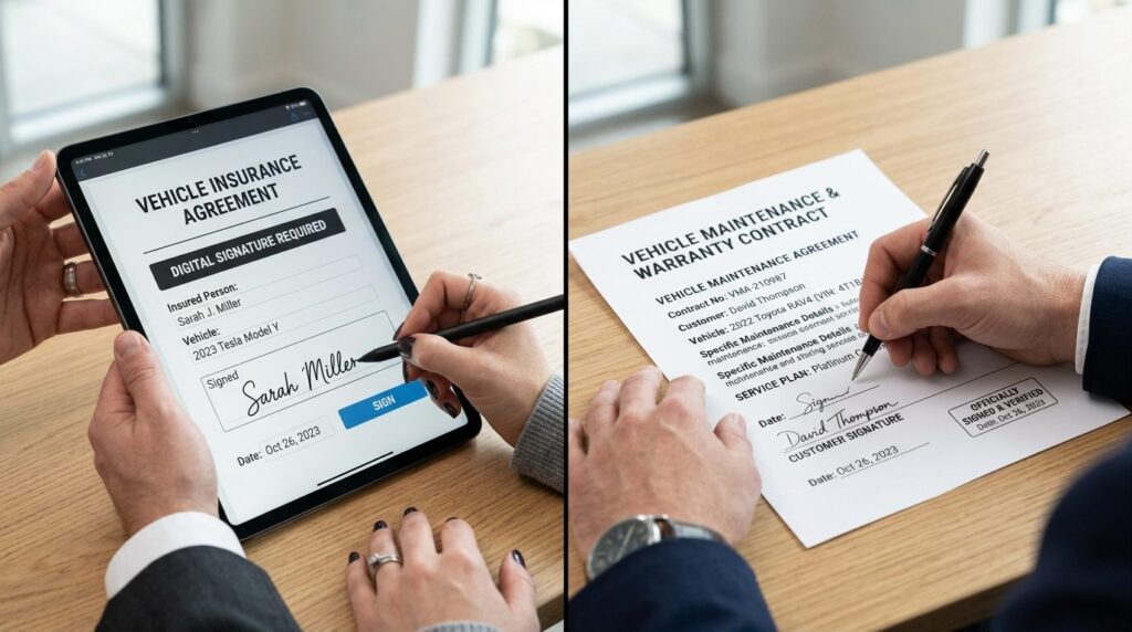 Mand sidder ved skrivebord med computer og signerer digital dokument med stylus på tablet.