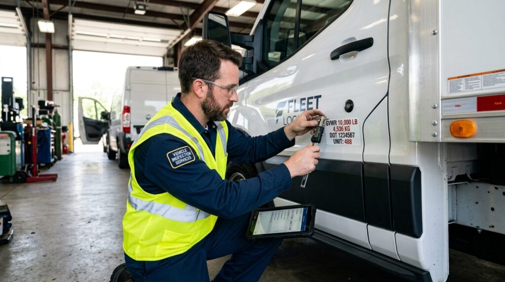 Tekniker i sikkerhedstøj udfører vedligeholdelse på firmabil.