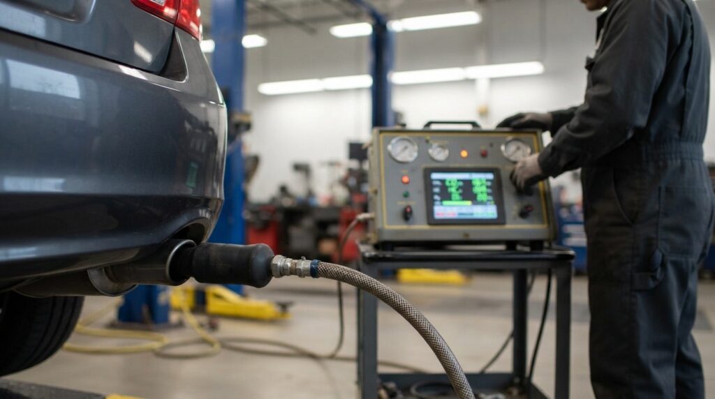Close-up of a vehicle undergoing emissions testing at an off