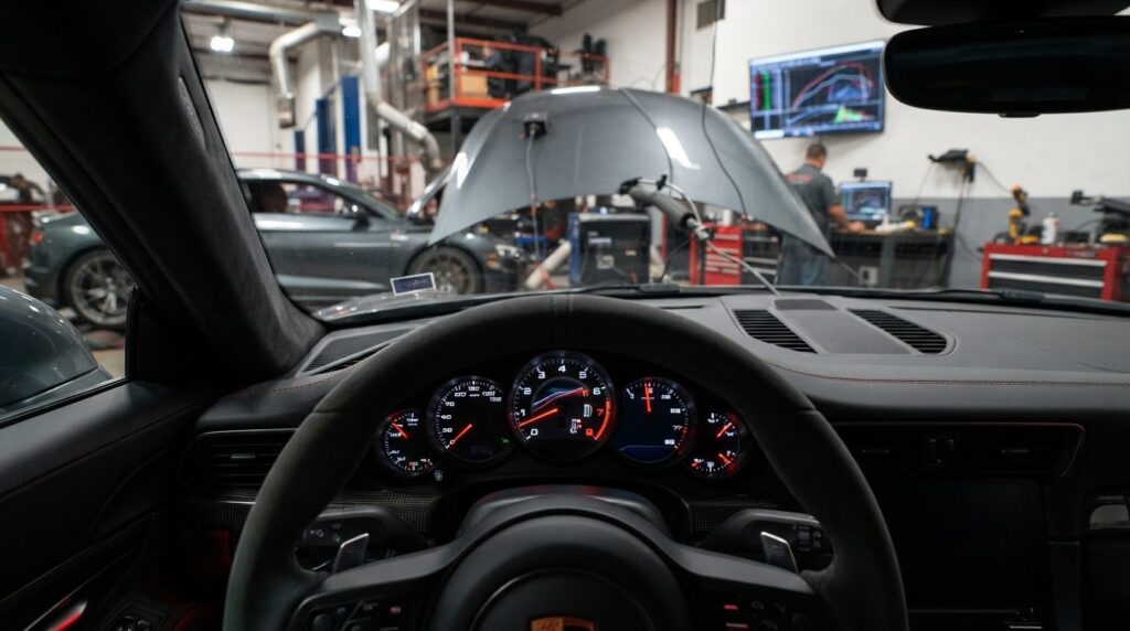 Modern car dashboard during dyno testing, speedometer and pe