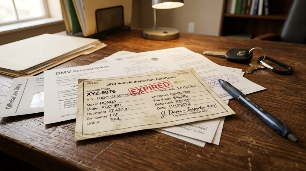 Close-up realistic photo of an expired vehicle inspection ce