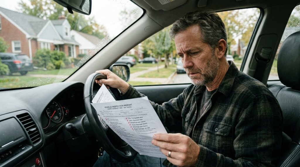 Realistic image of a concerned middle-aged car owner sitting