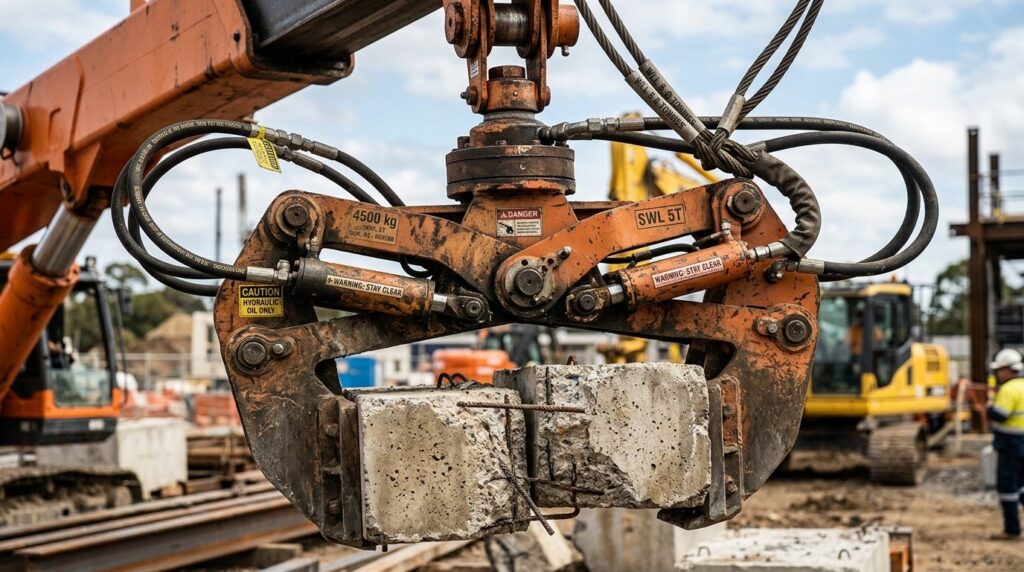 Tæt optagelse af kranens gribemekanisme på en lastbil med metalliske detaljer synlige.