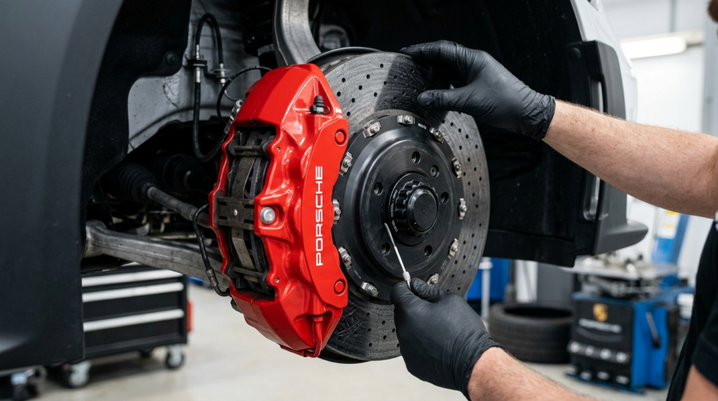 Close-up detail shot of a Porsche 911 GT3 RS brake system du