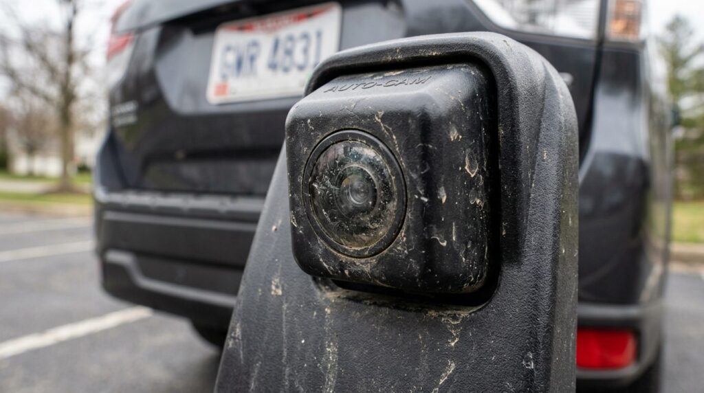 Detailed macro photograph of a cars backup camera with visi