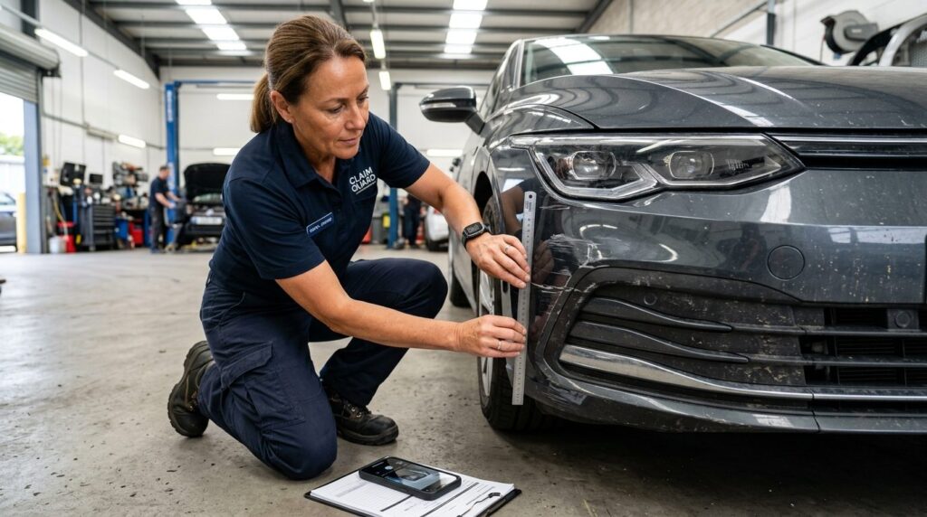 Experienced vehicle claims surveyor examining front bumper d