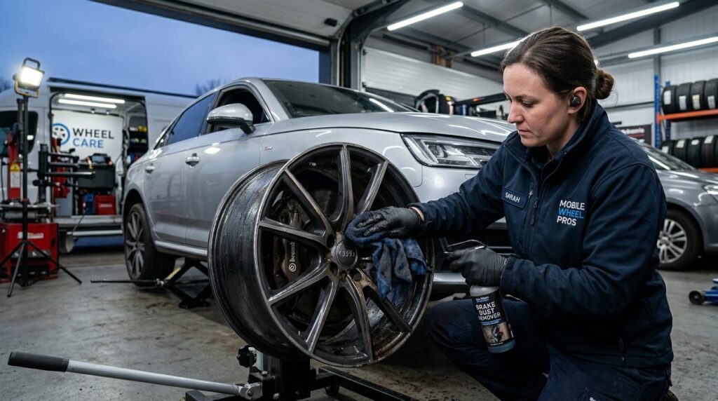 Skilled technician cleaning and inspecting car wheel rim and