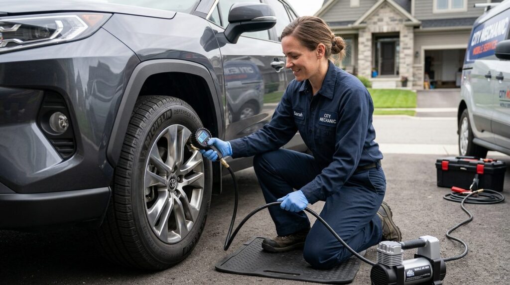 Mechanic using digital tire pressure gauge to check and adju